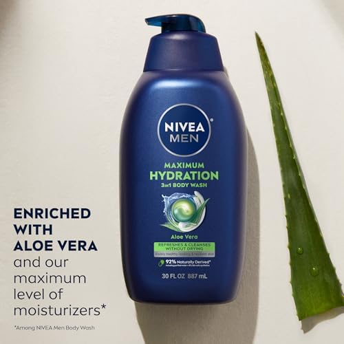 NIVEA MEN Maximum Hydration Body Wash for Dry Skin, Aloe Vera Enriched, 3-in-1 Moisturizing Body Wash, Face and Hair, Paraben Free, Vegan Formula, Bottle, 30 Fl Oz (Pack of 6) - Image 4