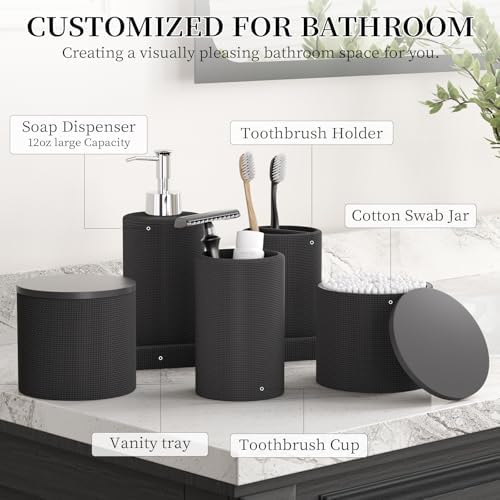 6-Piece Black Bathroom Set - Mesh Textured Resin Bathroom Accessories Set with Soap Dispenser, Toothbrush Holder, Cup, Vanity Tray & Apothecary Jars for Small Spaces - Image 2
