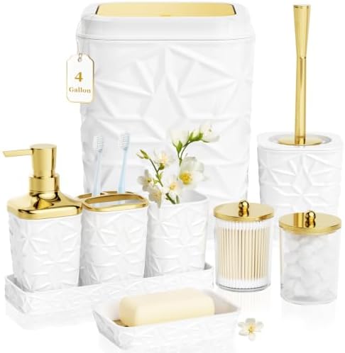 Bathroom Accessory Set, 9-Piece White Bathroom Set with Trash Can, Toilet Brush, Soap Dispenser, Soap Dish, Toothbrush Holder, Tumbler, Q-tip Holders & Tray, for Hotel/Apartment, Housewarming Gift by Unknown