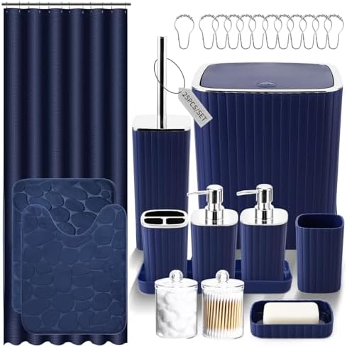 XLHOMO Bathroom Set with Shower Curtain and Rugs- Navy Blue Bathroom Set by BetterbathroomwithXLHOME