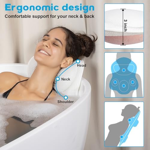 Bath Pillows for Tub Neck and Back Support - Upgraded Non-Slip Rubber Backing & 6 Suction Cups, 4D Air Mesh Spa Bathtub Cushion for Head Rest, Machine Washable with Laundry Bag & Hook(White) - Image 2