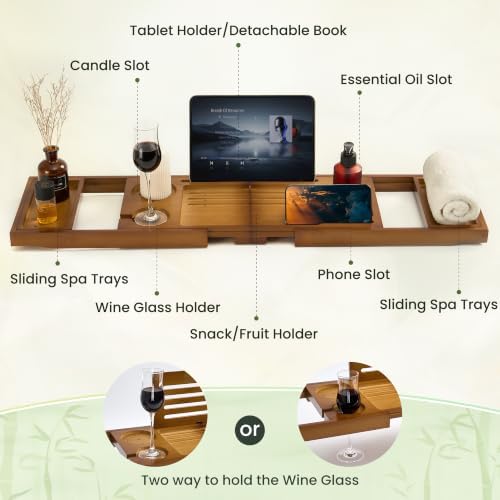 Bamboo Bathtub Tray - Luxury Bath Tray with Expandable Handles, Wine Glass and Phone Holders, Book Stand - Perfect for Home Spa Relaxation and Reading - Natural Bath Accessories - Brown Color - Image 4