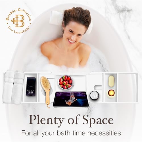 White Bathtub Tray for Tub - Bamboo Bath Tray, Expandable Wooden Bath Caddy Tray with Wine Holder, Book and Tablet Stand, Bathroom Accessories, Tub Table, Bridal Shower Gifts for Women - Image 6