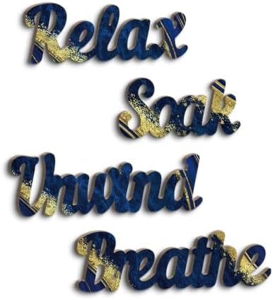 Putuo Decor 4PCS MDF Bathroom Wall Decor Relax Soak Unwind Breathe Signs, Blue Gold Spa Wall Art Set for Bathroom Bedroom Laundry Room Yoga Room Home Gift by PUTUODECOR