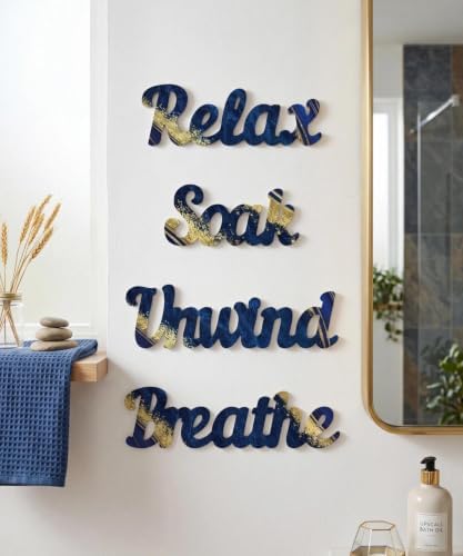 Putuo Decor 4PCS MDF Bathroom Wall Decor Relax Soak Unwind Breathe Signs, Blue Gold Spa Wall Art Set for Bathroom Bedroom Laundry Room Yoga Room Home Gift - Image 5