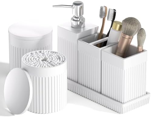 6-Piece White Bathroom Set - Modern Resin Bathroom Accessories Set with Soap Dispenser, Toothbrush Holder, Vanity Tray, Tumbler & Apothecary Jars for Small Spaces by LetUsMakeHomeYourFavoriteDestination