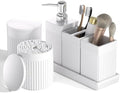 6-Piece White Bathroom Set - Modern Resin Bathroom Accessories Set with Soap Dispenser, Toothbrush Holder, Vanity Tray, Tumbler & Apothecary Jars for Small Spaces by LetUsMakeHomeYourFavoriteDestination