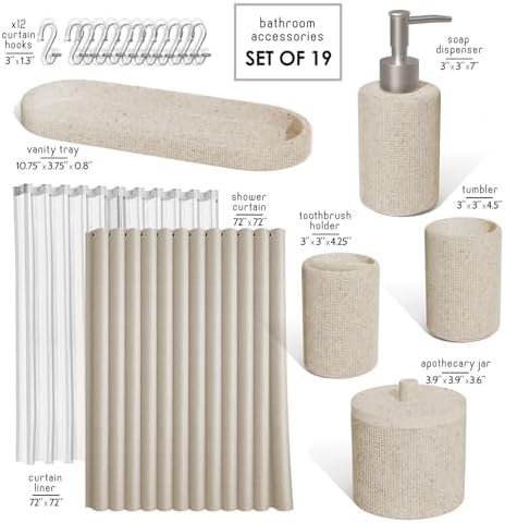 Clara Clark Bathroom Set - Beige Bathroom Accessories Set, 19PC Bathroom Accessory Set, Bathroom Sets with Shower Curtain Set, Soap Dispenser & Toothbrush Holder - Image 2