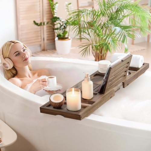Teak Bathtub Tray, Expandable Bath Tray for Tub 28–40in, Foldable Bath Caddy with Wine Holder, Phone & Tablet Stand, Wooden Bathtub Organizer, Luxury Spa Bathroom Accessories Gift - Dark Walnut Finish - Image 6