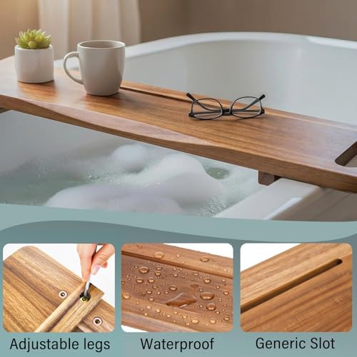 Adjustable Acacia Wood Bathtub Tray Caddy, 39" L with Handles - Image 7