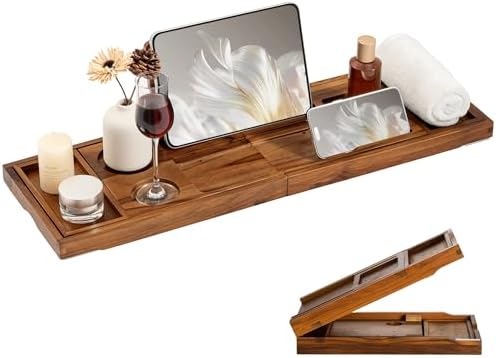 Teak Bathtub Tray for Tub, Expandable Bath Tray 28–40in, Foldable Bathtub Caddy with Wine Glass Holder, Phone & Book Stand, Wooden Bath Tray Organizer, Luxury Bathroom Accessories Gift - Light Walnut by FunMemories