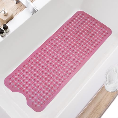 TEESHLY Bath Tub Shower Mat, Non Slip Bathtub Floor Liner Mats with Suction Cups and Drain Holes, Machine Washable Bathmat for Bathroom Floor Safety, 40 x 16 Inch, Clear Burgundy by TEESHLY