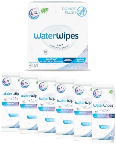 WaterWipes Sensitive Whole Body Cleansing Wipes, 99.9% Purified Water, XL Textured Wipes, Incontinence Care, Fragrance Free, 180 Count by WaterWipes