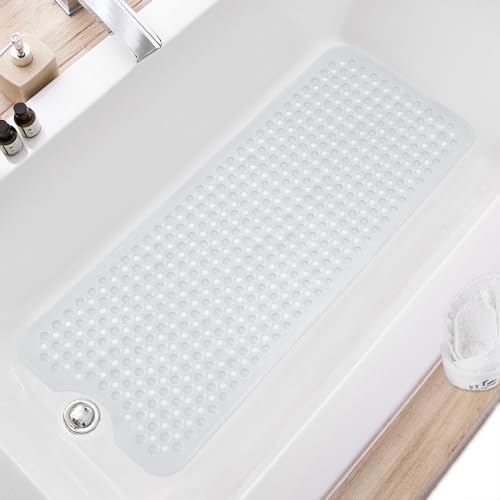 TEESHLY Bath Tub and Shower Mats, Non Slip 40 x 16 Inch Extra Long Bathtub Mat, Machine Washable Bathmat with Drain Holes, Suction Cups for Bathroom Floor, Clear by TEESHLY