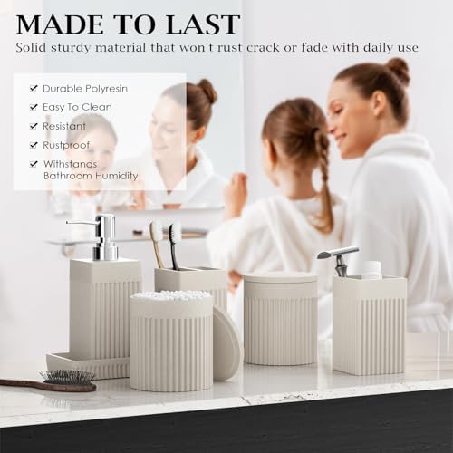 6-Piece Beige Bathroom Set - Sleek Resin Bathroom Accessories Set with Soap Dispenser, Toothbrush Holder, Vanity Tray, Tumbler & Apothecary Jars for Small Spaces - Image 3