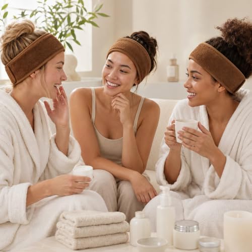 Whaline 4Pcs Spa Facial Headbands Make Up Wrap Head Terry Cloth Headband Soft Adjustable Towel Band for Face Washing Shower Facial Cover Yoga (Coffee) - Image 4