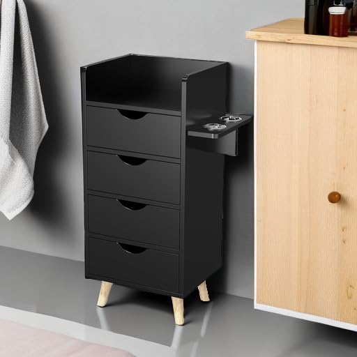 OmySalon 4 -Layer Salon Storage Cabinet,Beauty Barber Salon Styling Station Organizer Equipment,Hair Stylist Station Set with 2 Hair Dryer Holders，4 Drawers and Raised Table Legs, Black
