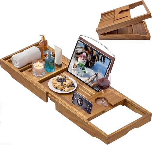 Bathtub Tray Caddy, Expandable Acacia Wood Bath Tray for Tub by Artmalle