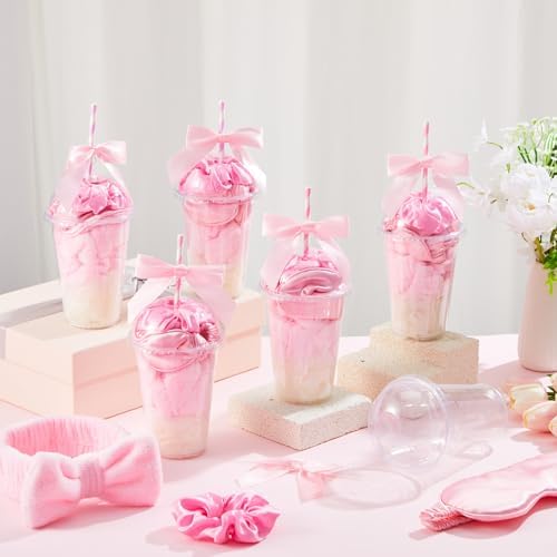 Nitial 56 Pcs Spa Sleepover Party Supplies Including Headband Sleep Eye Mask Velvet Scrunchies Bath Loofah Sponges Plastic Cup with Lids Straws for Girls' Night Birthday Party (Pink) - Image 5