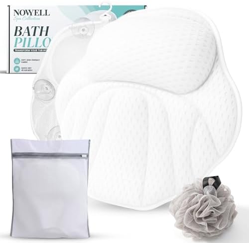 Bath Pillows for Tub, Complete Spa Set with Loofah & Wash Bag – Bathtub Pillow for Head and Neck and Back Support, 6 Strong Suction Cups, Quick-Dry 4D Air Mesh, Gift-Ready by Unknown