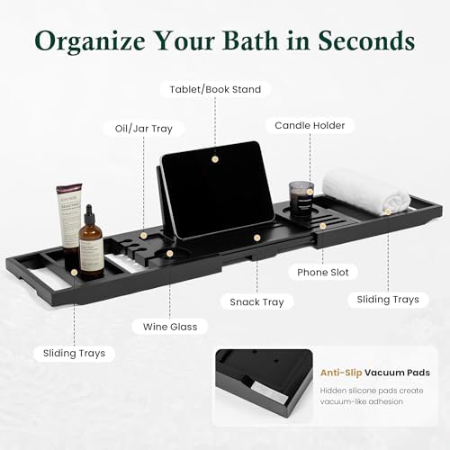 Black Bamboo Adjustable Bathtub Caddy Tray 28.5-40 Inch - Image 2