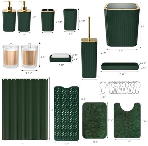 XLHOMO 26PC Bathroom Accessories Set - Gorgeous Green Bathroom Set, Bathroom Accessory Set, Shower Curtain Set with Bathtub Mats for Shower Tub, Trash Can & Soap Dispenser - Image 3