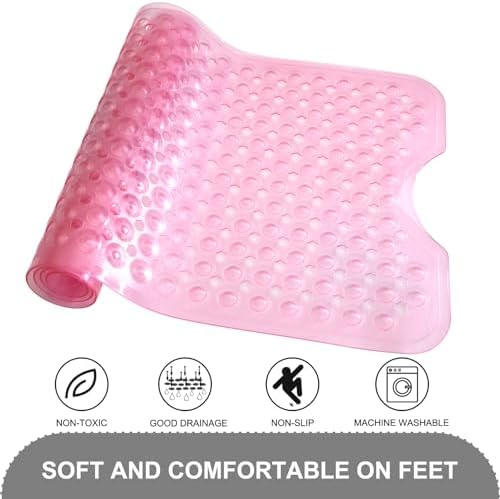 TEESHLY Bath Tub and Shower Mats, Non Slip 40 x 16 Inch Extra Large Bathtub Mat, Machine Washable Bathmat with Drain Holes, Suction Cups for Bathroom Floor, Clear Pink - Image 4