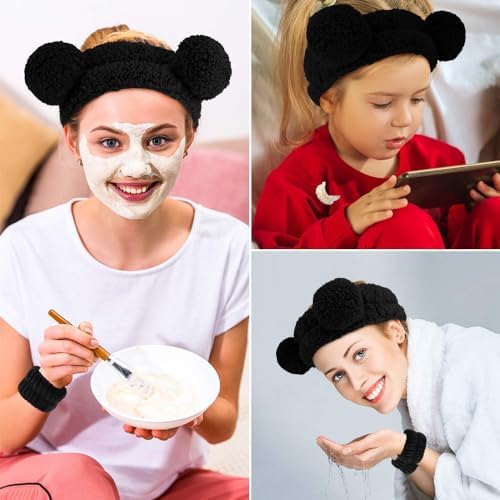 AHONEY Spa Bear Ears Headband, Face Wash Headband and Wristband Set, Cute Makeup Skincare Fluffy Headbands Wrist Bands for Washing Face Elastic for Women Girls Cosmetic (Black) - Image 6