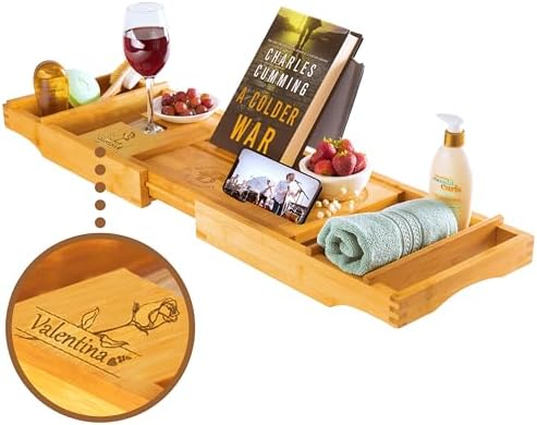 Personalized Bathtub Tray - Custom Engraved Foldable Bamboo Bath Caddy, Expandable Tub Tray Bath Table, for Mom Personalized Mom Birthday Gift, for Wife Gift for Her by Bamb%C3%BCsi