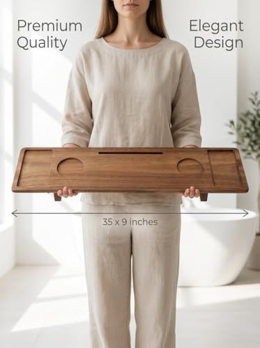 Luxury Wooden Bathub Caddy Tray - Premium Natural Acacia Bath Organizer with Wine Glass Holder, Tablet Slot and Phone Mount - Expandable Spa Board to Fit Most Tubs - Image 5