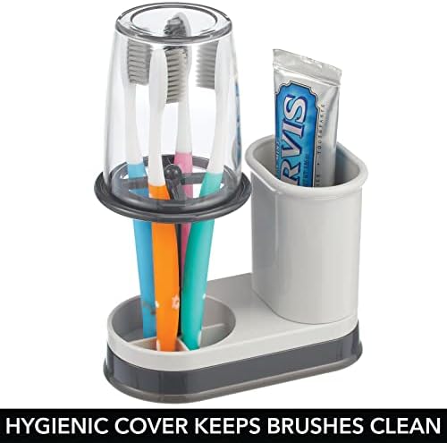 mDesign Plastic Toothpaste and Toothbrush Holder Center with Cup/Cover - Organizer for Bathroom Vanity Countertop - Holds Paste, Floss, Accessories - Hyde Collection - Light Gray/Charcoal - Image 4