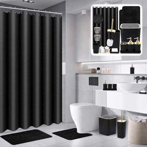 XLHOMO Bathroom Set- Black Bathroom Set with Shower Curtain and Rugs - Image 2