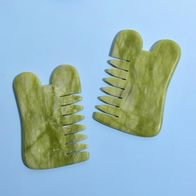 Gua Sha Comb Tool, Natural Green Jade Stone Scalp Massage Comb, Facial GuaSha Tool for Lift and Puffiness, Jade Gua Sha Scraping Therapy Massager for Full Body Relax