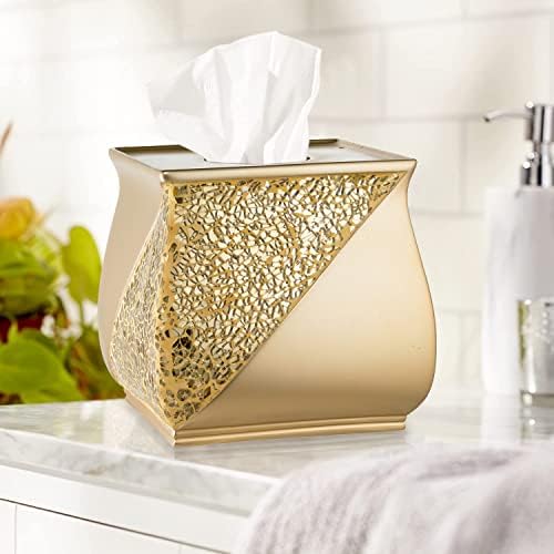 Zahari Home 2pc Sinatra Modern Bath Accessories Set Waste Basket & Tissue Box Champagne Gold Modern Decorative Beautiful Designs Bathroom Decor Set for Home Luxury Bath Set Mosaic Glass - Image 3