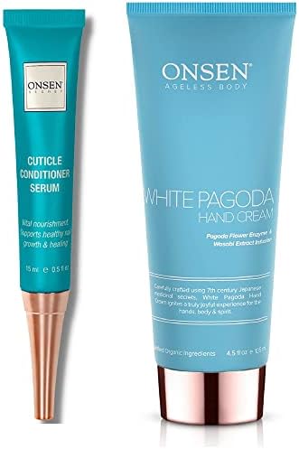 ONSEN Secret Cuticle Conditioner Cream 15ml & Japanese Anti-Aging Firming Hand Lotion 135ml Bundle. Cuticle Oil Nail Care Serum Sooth, Repair & Strengthen Cuticles & Nails + Anti Aging Hand Cream by OnsenSecret