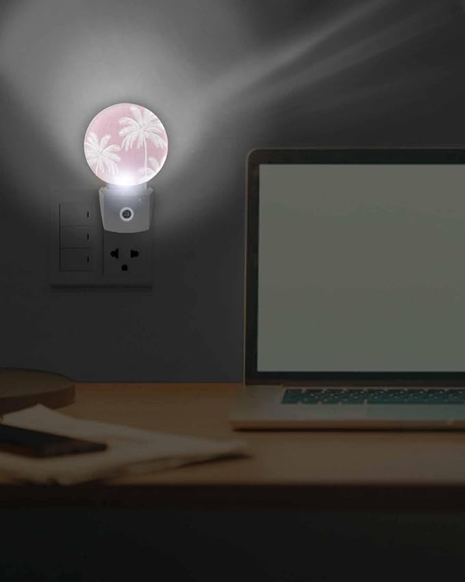 Night Lights Auto Sensor Tropical Palm Trees Night Light Peach Pink Linen Coastal Round Lamp Plug-in LED Nightlights Dusk to Dawn for Living Room Bedroom Bathroom Hallway Wall Decor