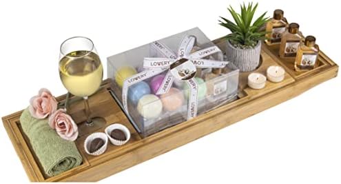 Birthday Gifts from Son, Premium Bamboo Bathtub Caddy Tray Gift Set with Bath Bombs, Shower Gel, Shampoo & Bubble Bath, Luxury Bathtub Tray with Book & Wine Holder, Expandable Tray to Fit Any Tub by LOVERY
