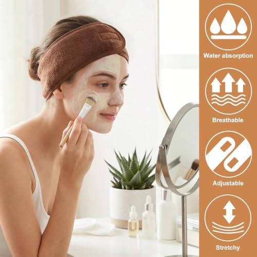 Whaline 4Pcs Spa Facial Headbands Make Up Wrap Head Terry Cloth Headband Soft Adjustable Towel Band for Face Washing Shower Facial Cover Yoga (Coffee) - Image 5