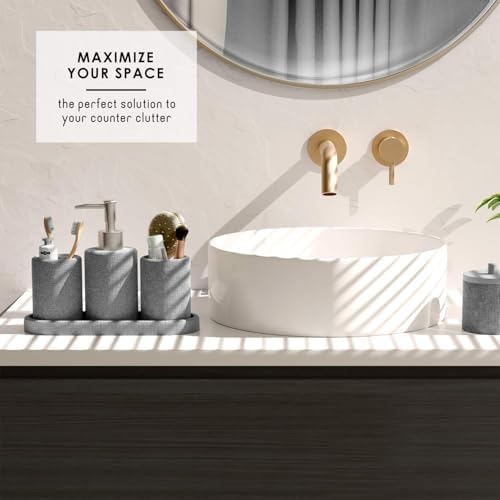 Clara Clark Bathroom Set - Grey Bathroom Accessories Set, 5PC Bathroom Accessory Set, Bathroom Sets with Soap Dispenser, Toothbrush Holder, Tumbler, Cotton Swab Jar & Vanity Tray - Image 6