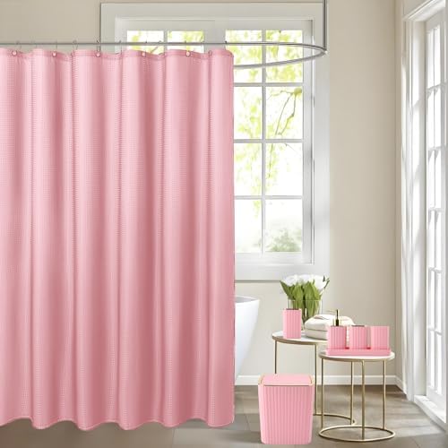 XLHOMO Bathroom Set with Shower Curtain and Rugs- 25PC Bathroom Accessory Set, Pink Bathroom Set, Toilet Brush, Trash Can, Qtip Holder & Soap Dispenser - Image 4