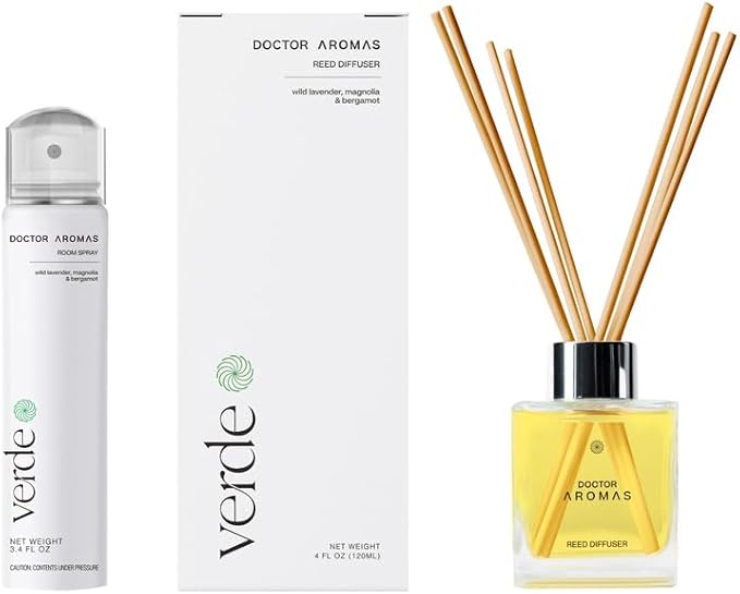 Doctor Aromas Aroma Set Essential Oil Natural Reed Aroma Wood Sticks Diffuser Glass Set – Elegant Scent for Home, Room or Bathroom, Décor, and Fresh Air Fragrance Aromatherapy Gift (Verde)