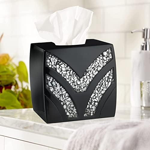 Zahari Home 2pc Sinatra Black Modern Bath Accessories Set Waste Basket & Tissue Box Modern Decorative Beautiful Designs Bathroom Decor Set for Home Luxury Bath Set Mosaic Glass - Image 3