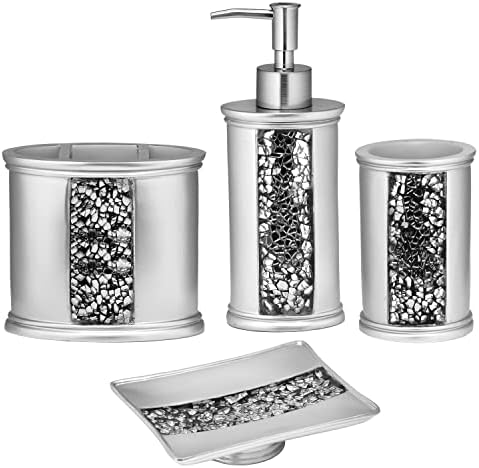 Zahari Home 4pc Sinatra Stylish Bathroom Accessories Set Liquid Soap Dispenser, Tumbler, Tooth Brush Holder and Soap Dish Modern Classic Luxury Decor Bling Mosaic Glass Silver Bathroom Accessories by ZahariHome