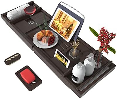 Bathtub Caddy Tray for Luxury Bath - Bamboo Waterproof Expandable Bath Table Over Tub with Wine and Book Holder and Free Soap Dish (Brown) by Bamfan
