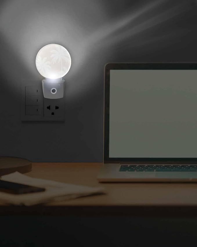 Night Lights Auto Sensor Tropical Palm Trees Night Light Cream Linen Coastal Round Lamp Plug-in LED Nightlights Dusk to Dawn for Living Room Bedroom Bathroom Hallway Wall Decor