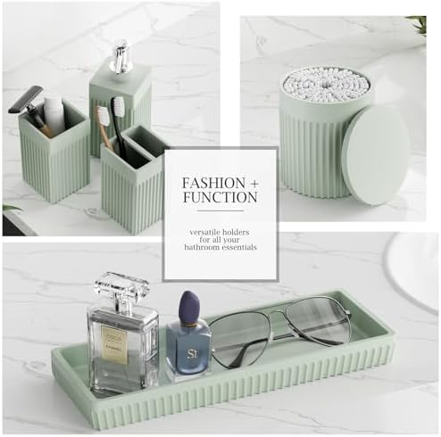 Bathroom Accessories Set, 6-Piece Resin Green Bathroom Set with Toothbrush Holders, Soap Dispenser, Vanity Tray, Tumbler, Cotton Swab Jars, Modern Bathroom Organizer for Small Spaces - Image 5