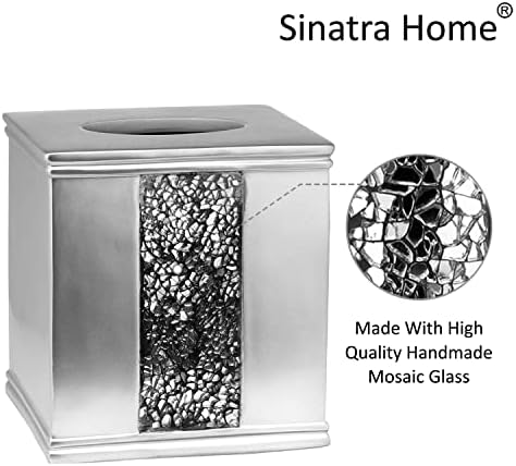 Zahari Home 2pc Sinatra Silver Modern Bath Accessories Set Waste Basket & Tissue Box Modern Classic Contemporary Decorative Beautiful Designs Bathroom Decor Set for Home Mosaic Glass - Image 5