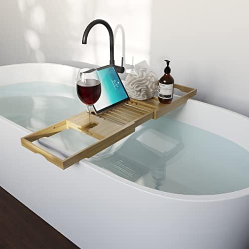 Bathtub Tray - Natural Acacia Wood Bath Tray with Wine Glass Holder, Book, Phone, or Tablet Rest - Expandable Bathtub Accessories by Home-Complete - Image 5