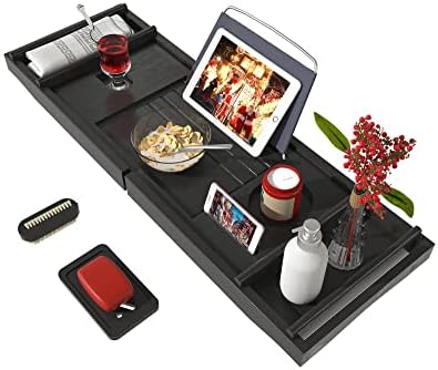 Bath Caddy Tray for Bathtub - Bamboo Adjustable Organizer Tray for Bathroom with Free Soap Dish Suitable for Luxury Spa or Reading(Black) by Bamfan