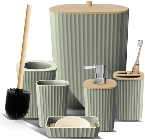 Clara Clark Bathroom Set - Sage Green Bathroom Accessories Set, 6PC Bathroom Accessory Set, Bathroom Sets with Toilet Brush, Trash Can & Soap Dispenser by ClaraClark